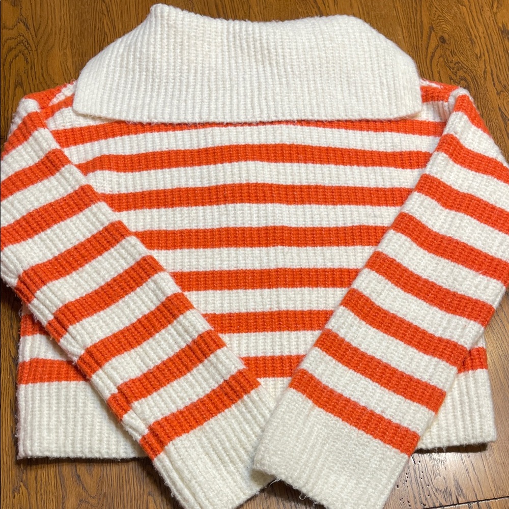 Sincerely Jules Orange and Cream Striped V-Neck Cropped Sweater - Picture 5 of 5